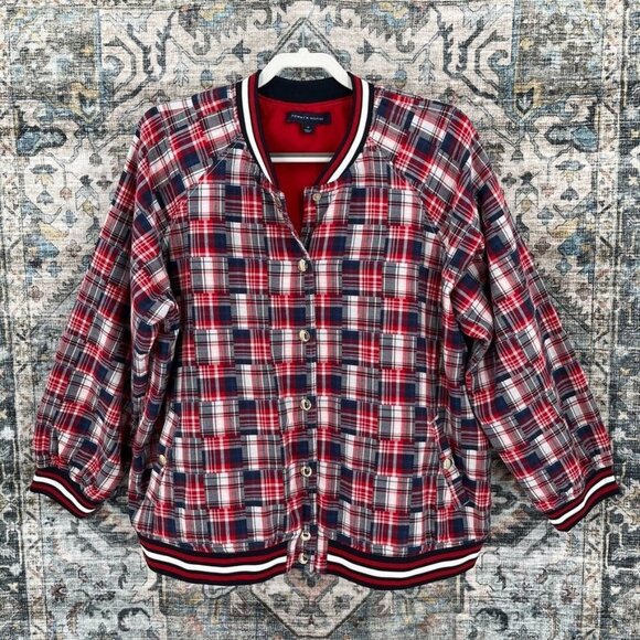 Tommy Hilfiger Women's Patchwork Varsity Jacket Size 1X Red, White Blue - Picture 1 of 13